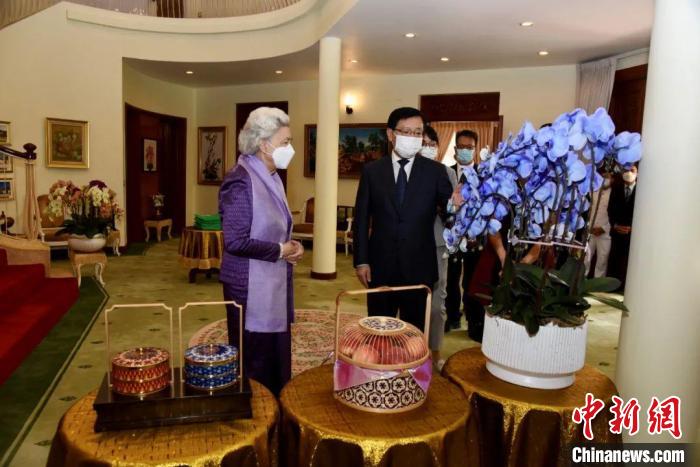 王文天大使介紹中國傳統(tǒng)工藝品及云南的蘭花和鮮果?！≈袊v柬埔寨大使館微信公眾號 攝