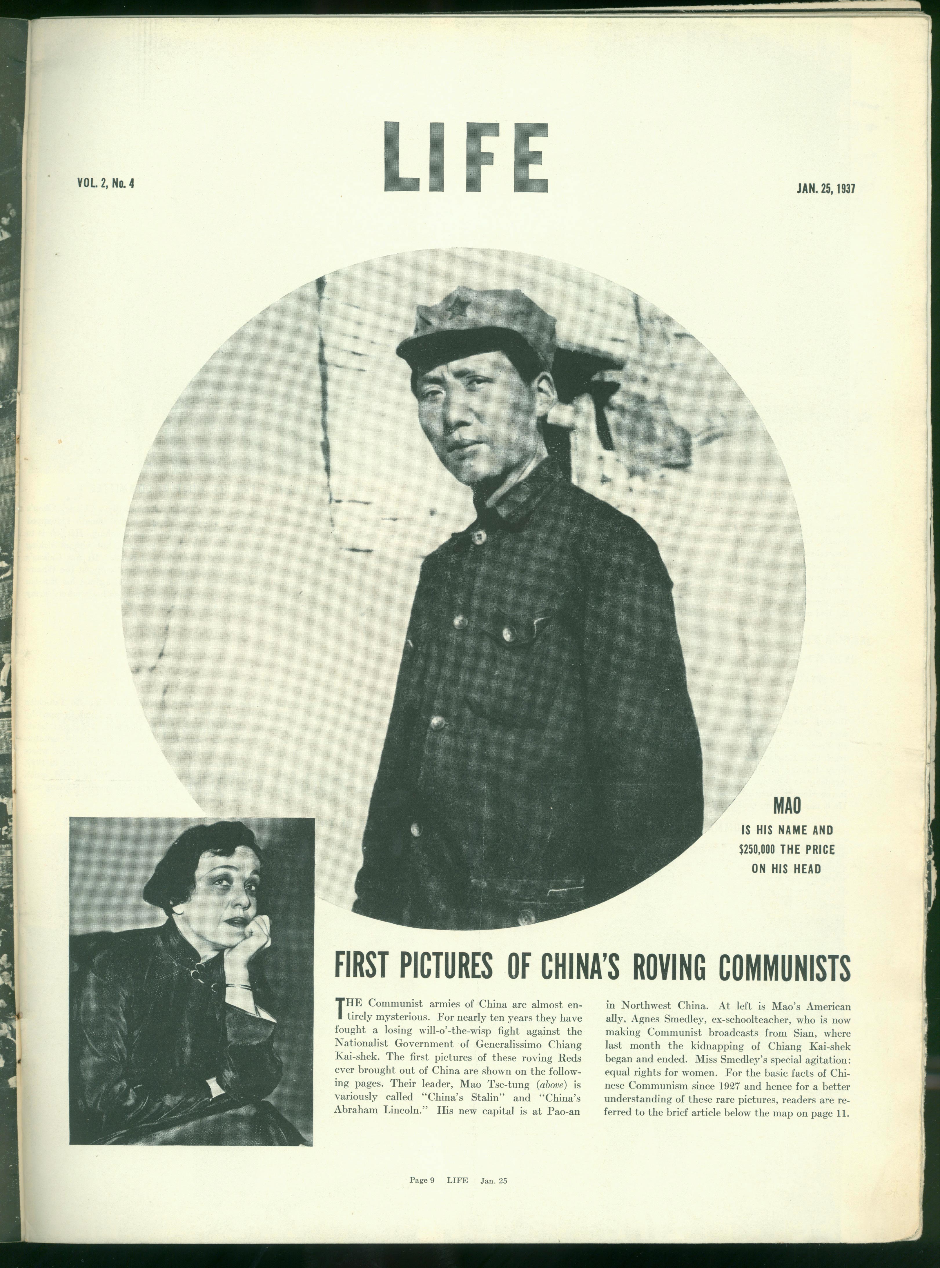 1937年1月25日，美國《生活》周刊刊登毛澤東照片，照片右下方寫著一行字：“毛，這是他的名字，他的人頭價值25萬元。”