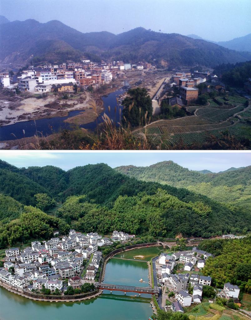 圖為浙江省杭州市淳安縣楓樹嶺鎮(zhèn)下姜村拼版圖，其中上圖為資料照片、下圖由新華社記者張鋮攝。