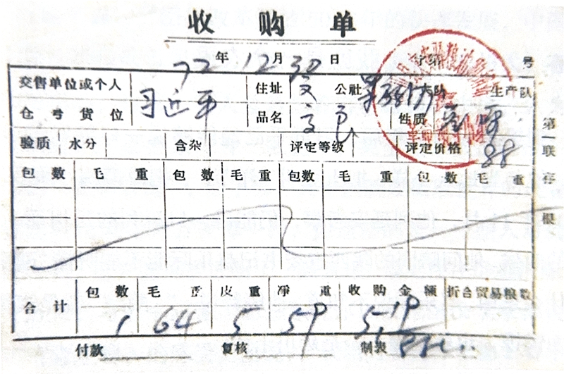 1972年12月30日，習(xí)近平交售了59斤公糧的收購(gòu)單。