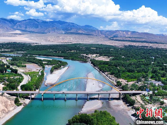 航拍貴德縣黃河岸畔綠意盎然。　馬銘言 攝