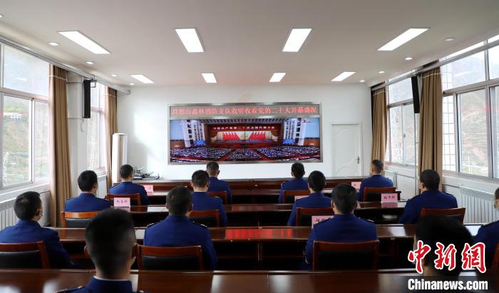 圖為西藏昌都市森林消防支隊收看二十大開幕直播?！⌒焖寂?攝