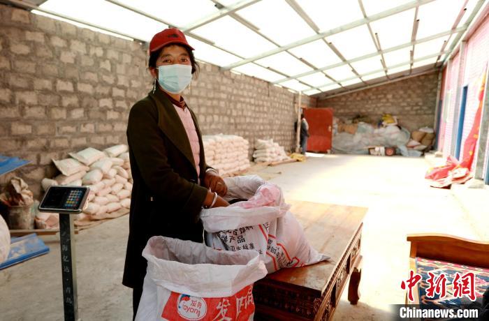 圖為寧重崗村村民扎西才措把自家的油菜籽送到合作社銷售?！〖卫杩h融媒體中心供圖