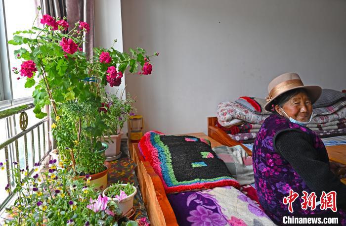 圖為曲松縣特困人員集中供養(yǎng)中心老人德吉卓嘎與她的花?！≮w朗 攝