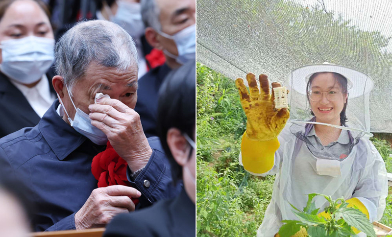 左圖為2021年2月25日，黃文秀的父親黃忠杰在全國脫貧攻堅(jiān)表彰大會上；右圖為黃文秀生前工作照。