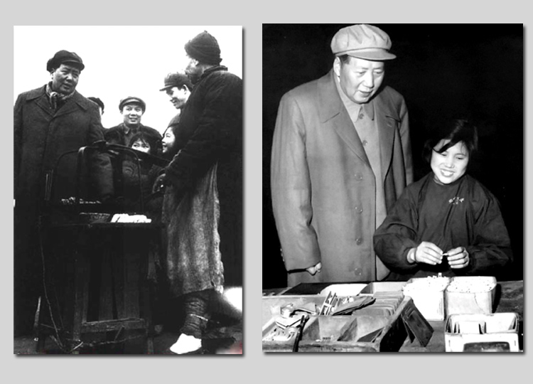 左圖：1953年，毛主席在湖北武漢蛇山與小販交談。右圖：1958年，毛主席視察沈陽市小型開關(guān)廠（今沈陽二一三電器有限公司），同裝配女工蘇玉春交談。