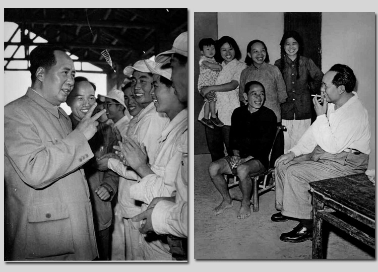 左圖：1959年，毛主席在安徽視察工廠時，同煉鋼工人親切談話。右圖：1959年，毛主席在湖南視察韶山，同貧農(nóng)社員親切談話。